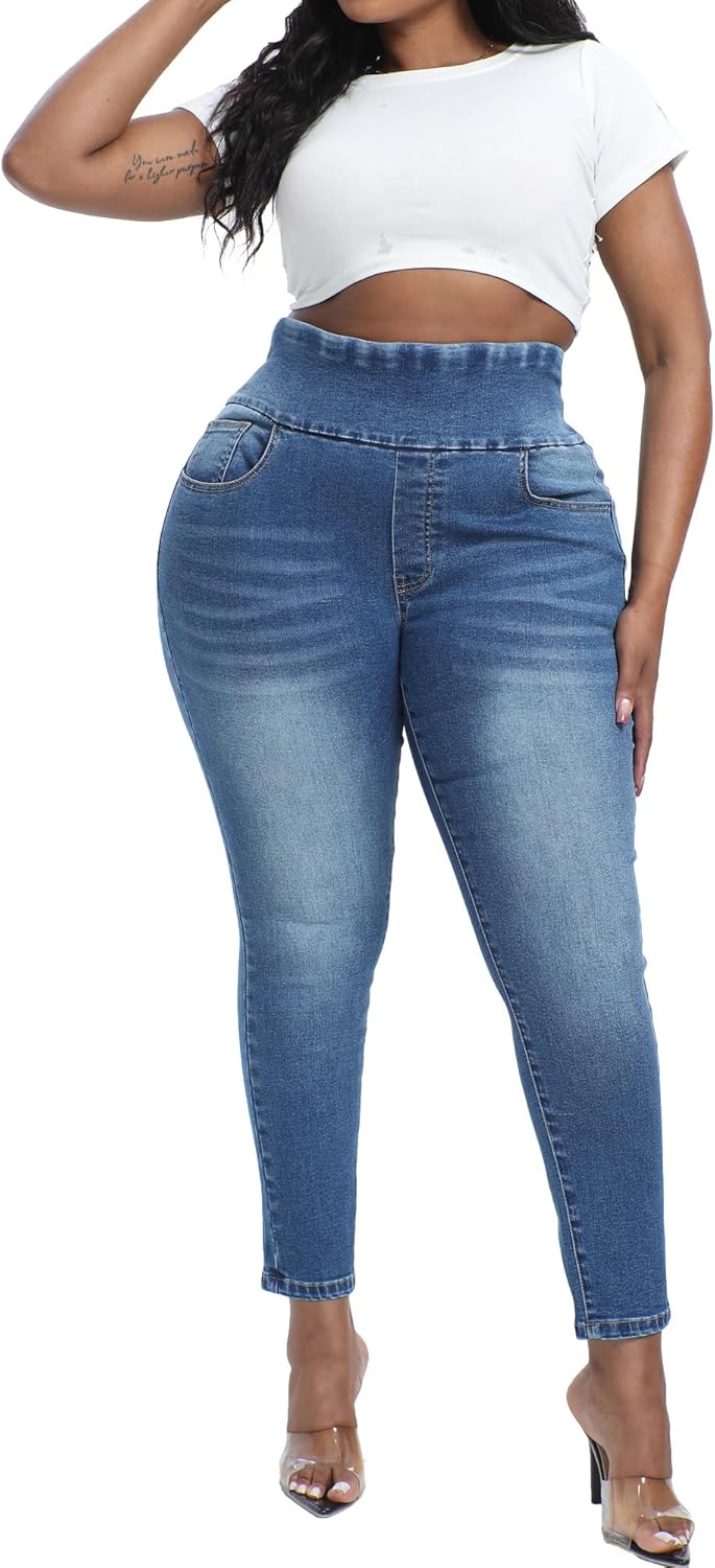 Women Plus Size Pull On Jeans Stretchy Skinny Leg High Waisted Ripped Ankle Jean - Image 6