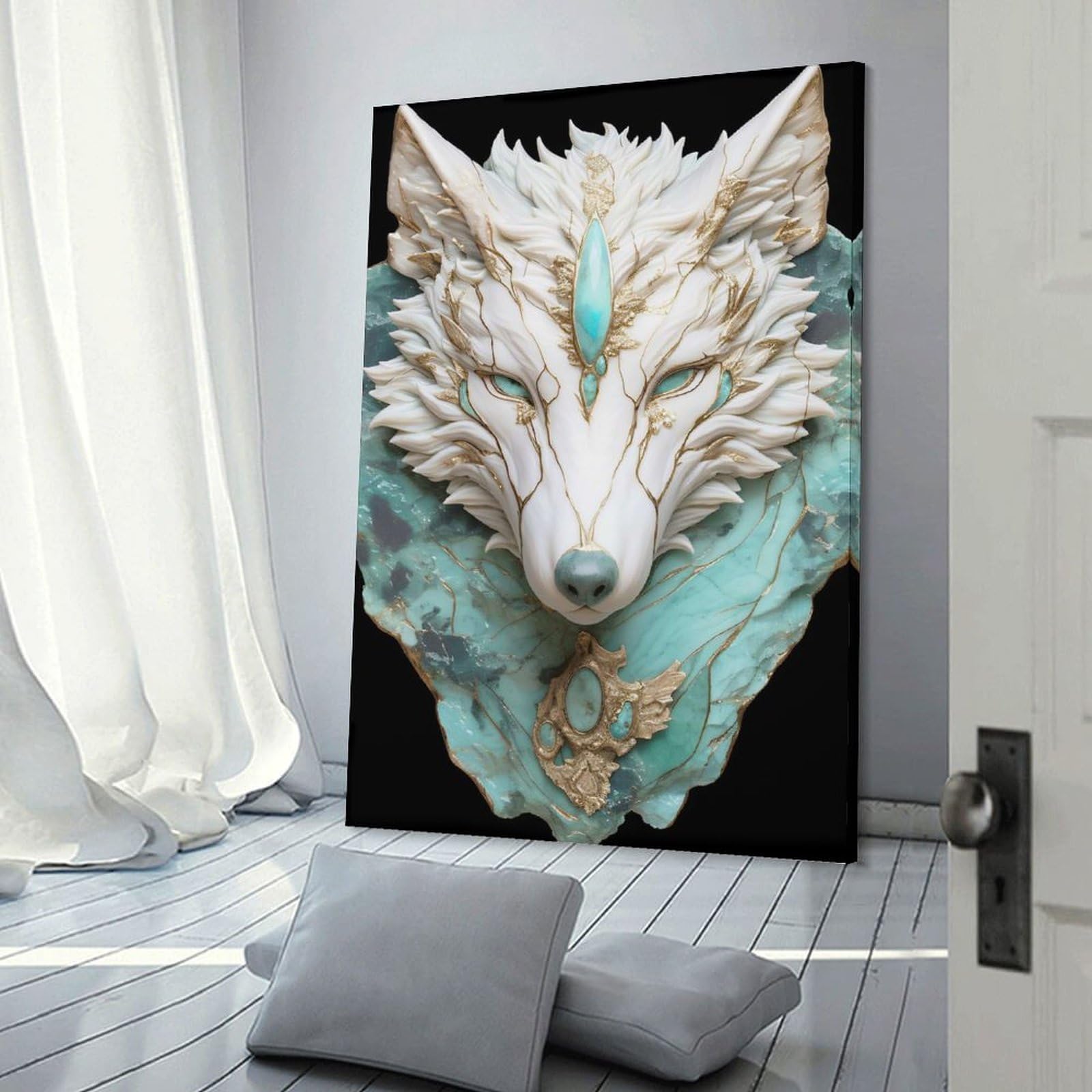 Junmoney Canvas Wall Picture White Wolf Head Sculpture with Turquoise And Gold, 24x36inch(60x90cm), for Home Lounge, Bedroom Or Reading Nook, A Home Accent with Warm Character