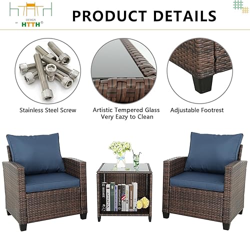 Miniatura 7 de HTTH Juego de muebles de mimbre para patio, sillas de patio, muebles de patio al aire libre con mesa de almacenamiento para porche, balcón, césped