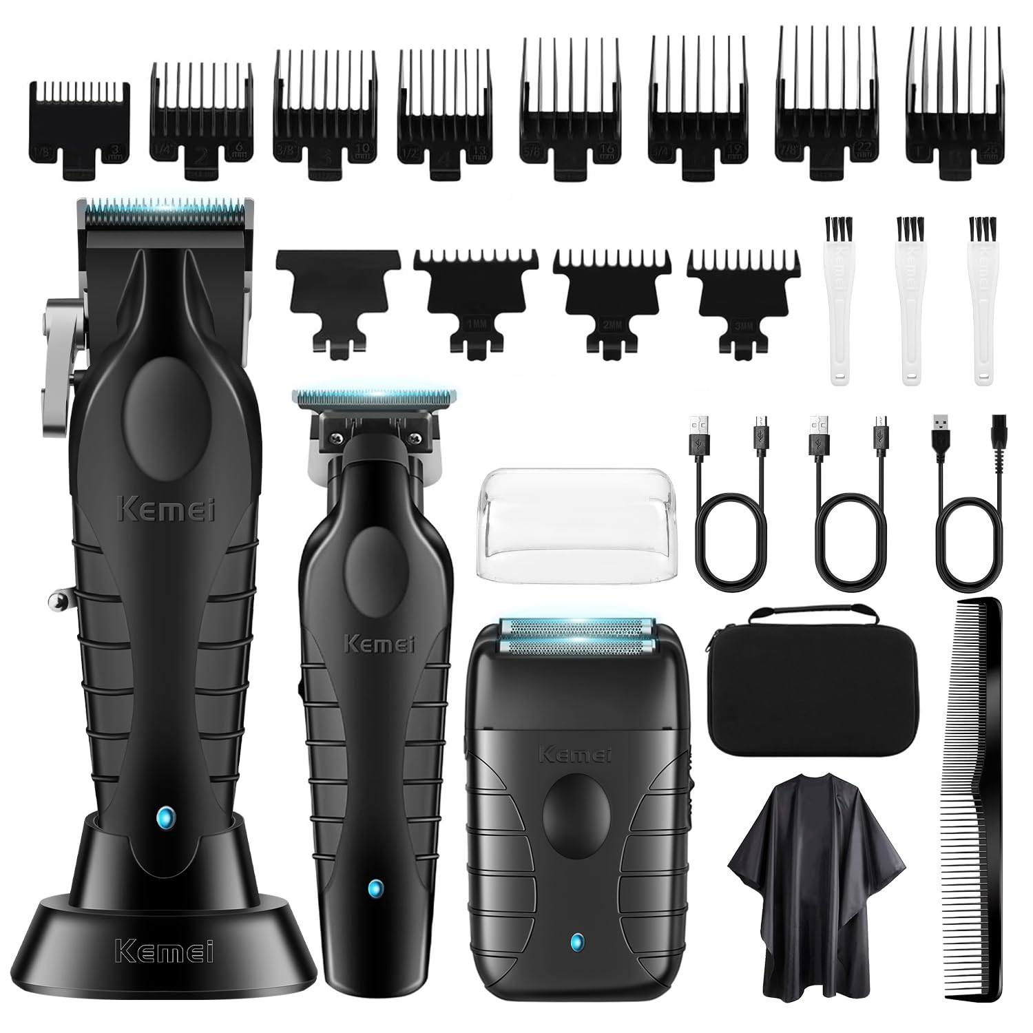 KEMEI Professional Hair Clippers for Men Cordless Complete Barber Clipper T-Blade Trimmer Foil Shaver Set