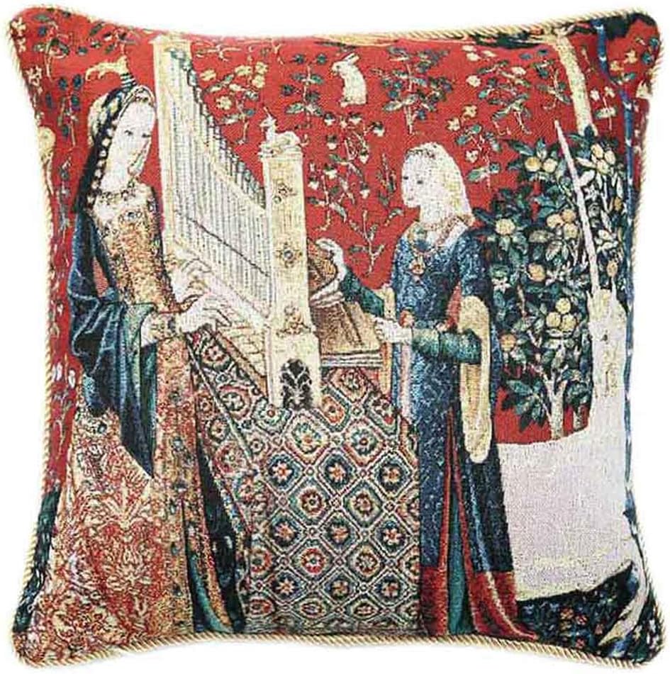 Signare Tapestry Designer Art Cushion Cover 18x18 inch Lady Unicorn Design (Sense of Hearing) (CCOV-Art-LU-HE)