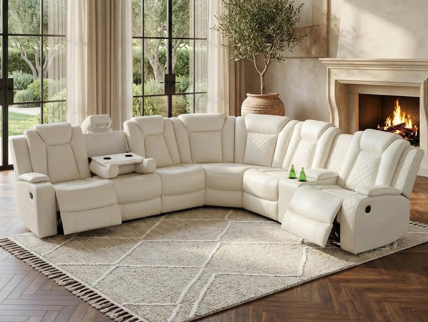 Power Recliner Sectional Sofa with LED Light, Breathing Leather Recliner Sofa Couch with Storage/Cup Holder for Living Room Home Office Theater (Cream White)