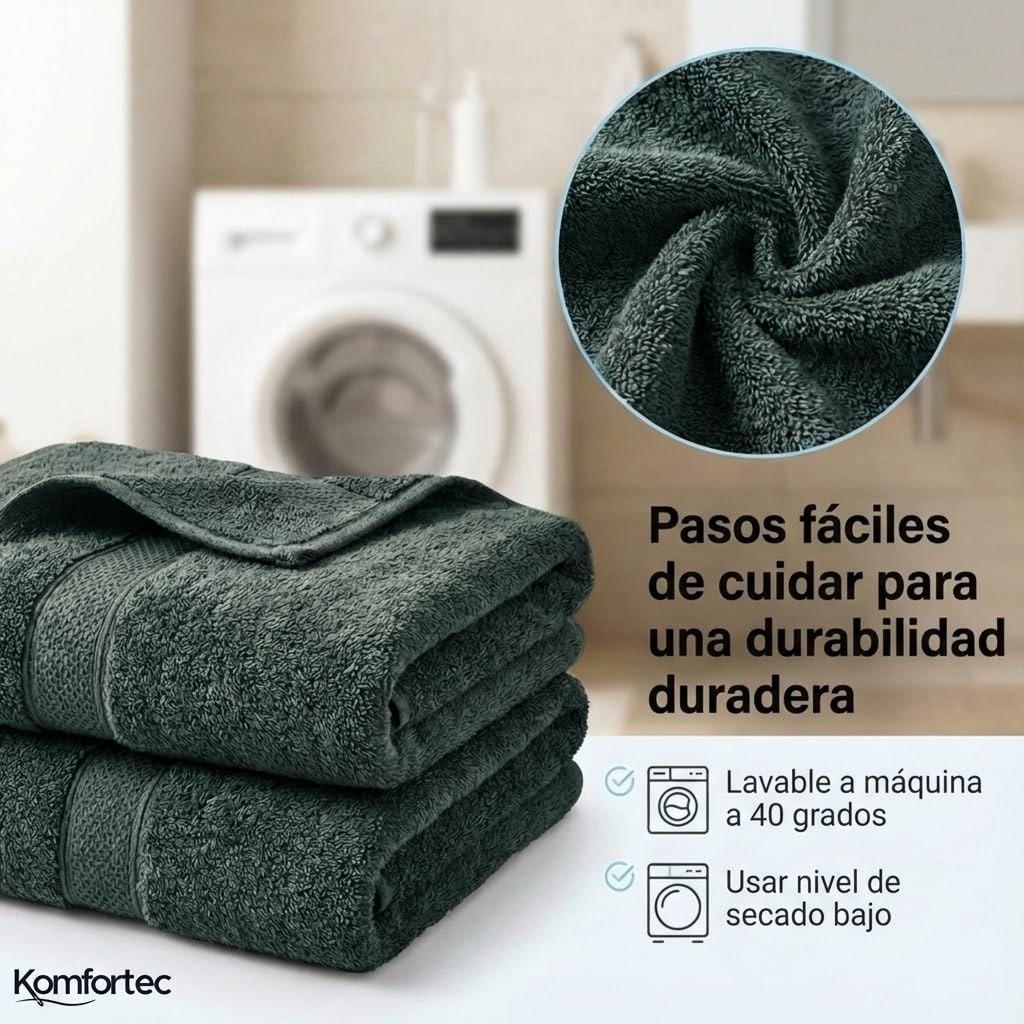 Komfortec Juego de 4 Toallas de Baño 70 x 140 cm – 100% Algodón – Suaves y Alta Absorción – Verde Oscuro