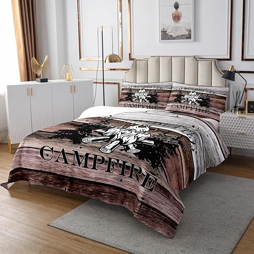 Juego de colcha para cámper, tamaño Queen para niños, niñas, juego de edredón de campamento feliz, colcha vintage de madera de granja, colcha de