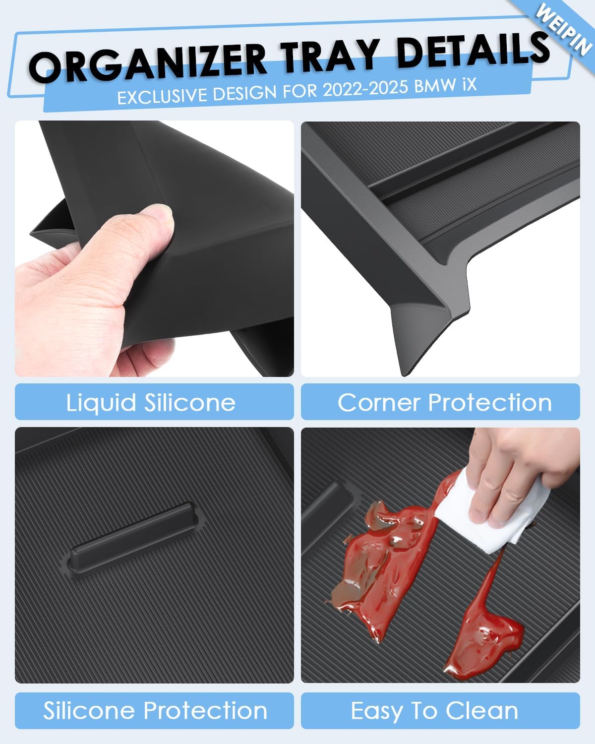 For BMW iX Lower Console Tray - Compatible with 2022-2026 BMW iX Center Console Organizer Tray [Car Food Tray] [2-Compartment][2026 Patented Design] with Anti-Slip Thick Liquid Silicone Mat - Black