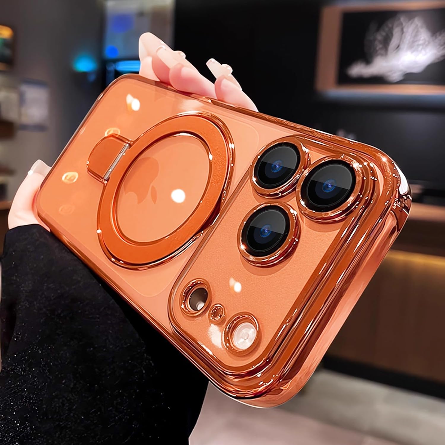 JBJZYZZ Clear for iPhone 17 Pro Case Magnetic Kickstand,Built-in Camera Lens Protector, Compatible with MagSafe, Case Cover for 17 Pro,Orange