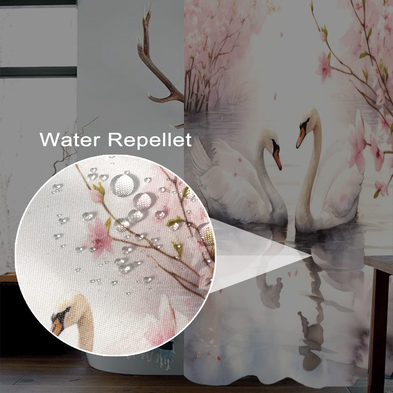 Swan Shower Curtain for Bathroom Swans Water Lake River Bathtub Room Partition Door Divider Curtain Pink Floral Trees Waterproof Fabric Bathroom Shower Curtains 72x72 Inches with Hooks