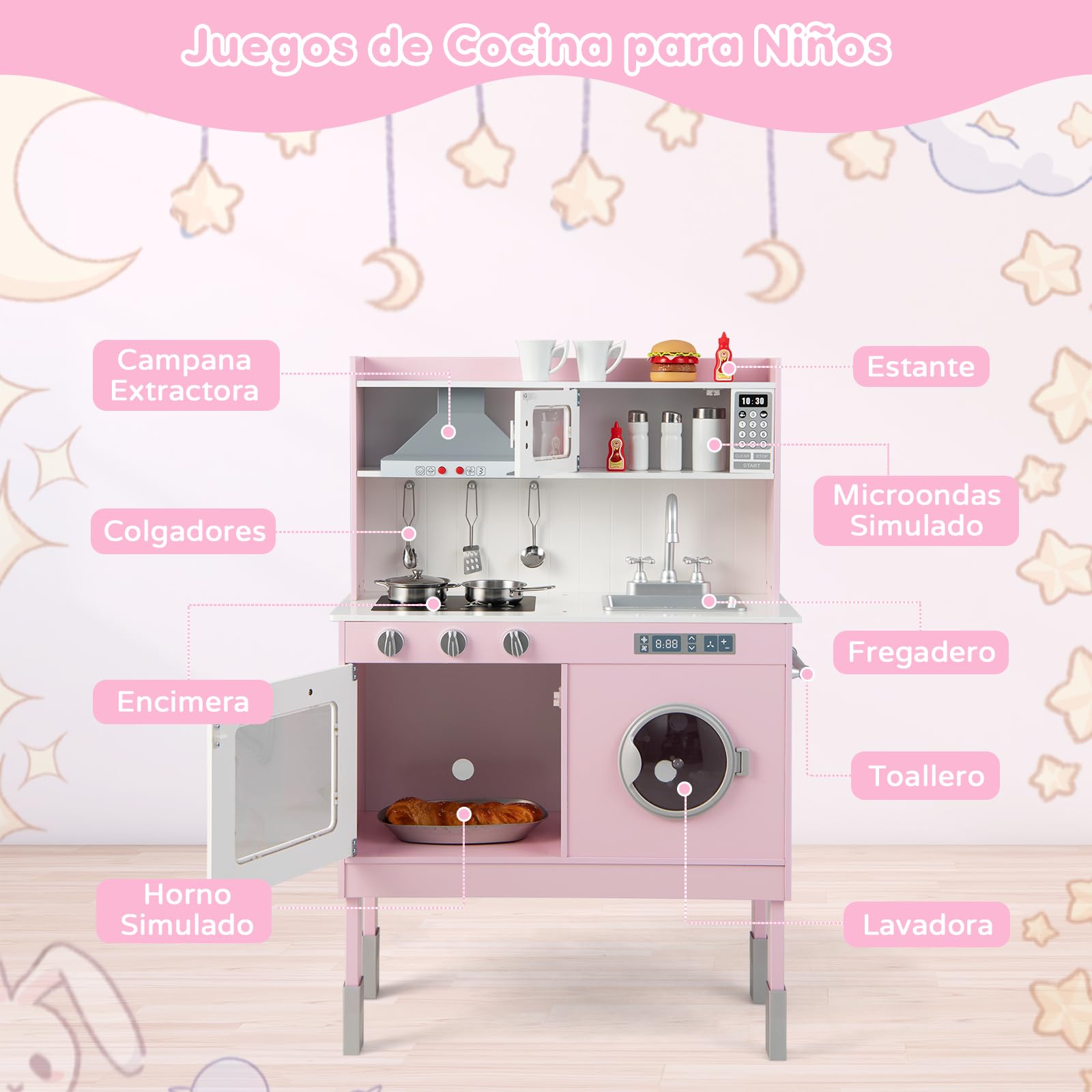RELAX4LIFE Cocina Juguete con 5 Accesorios y Altura Ajustable 95/99/101cm, Cocinita Infantil con Luces y Sonidos Reales, Espacio de Almacenaje, Cocinita de Madera para Niños 3-8 Años (Rosa-Mini)