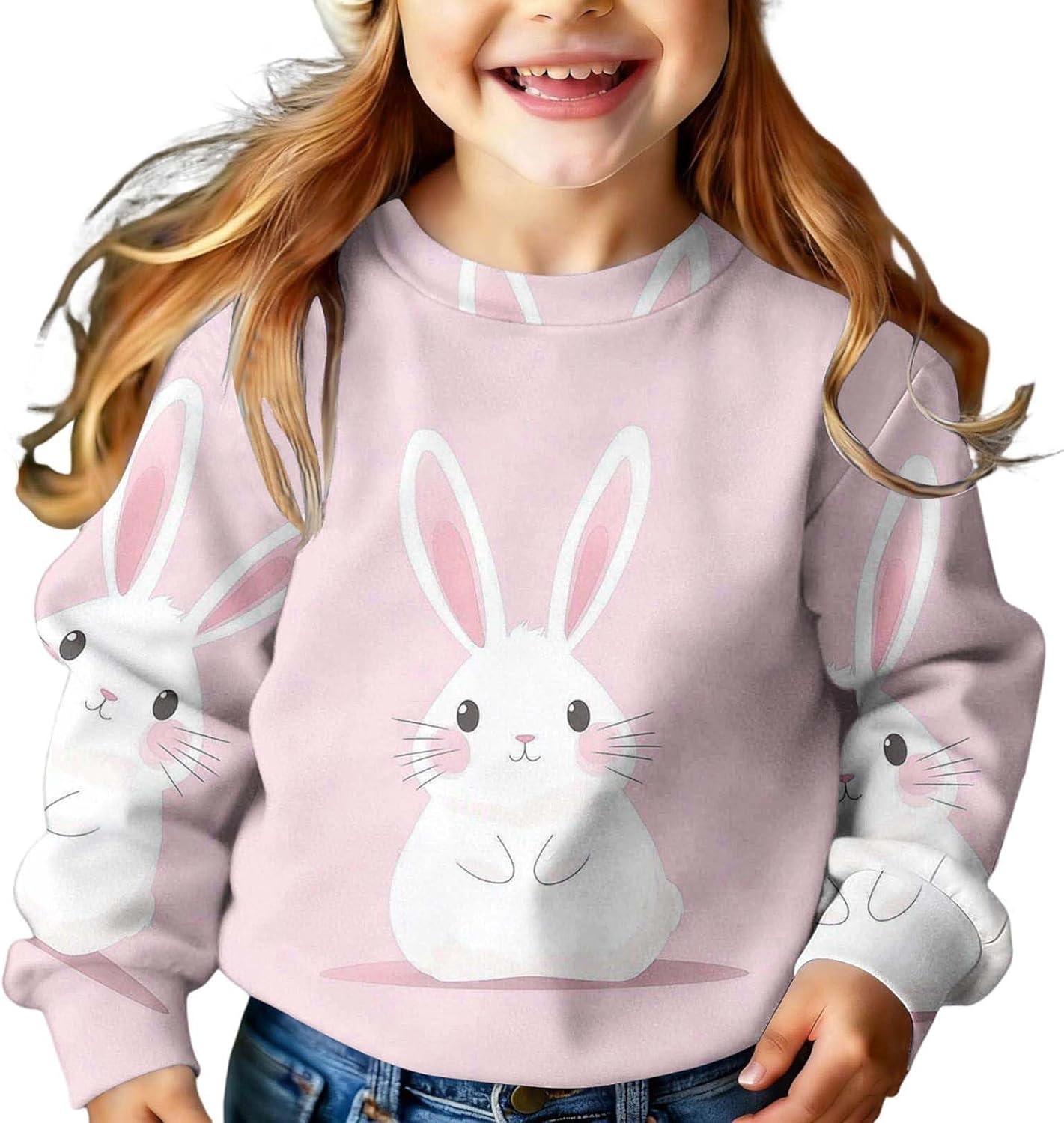 Girls Bunny Print Floral Sweatshirt All Over Print Fleece Pullover Top
