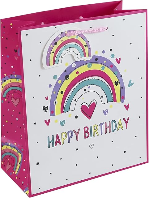 Rainbow Party Happy Birthday Occasion Girls Kids Gift Bag With Rainbow Gift Tag (Medium)