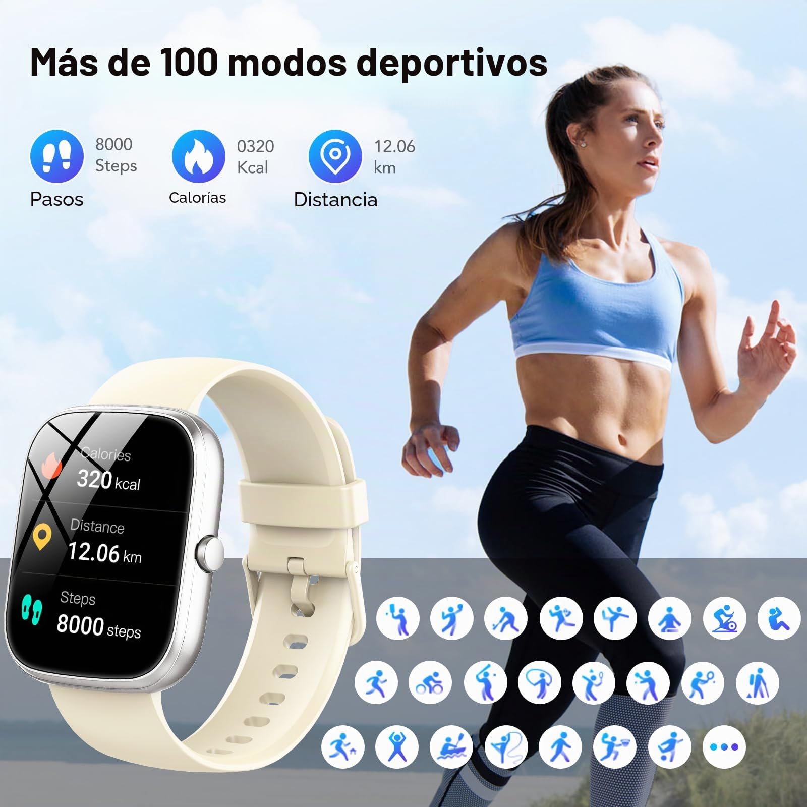 CASCHO Reloj Inteligente Hombre Mujer,1.91" HD Smartwatch con Llamadas Bluetooth,100+Modos Deportivos Pulsera Actividad con Pulsómetro/Monitor de Sueño,Impermeable IP68 para Android iOS,Blanco Hueso