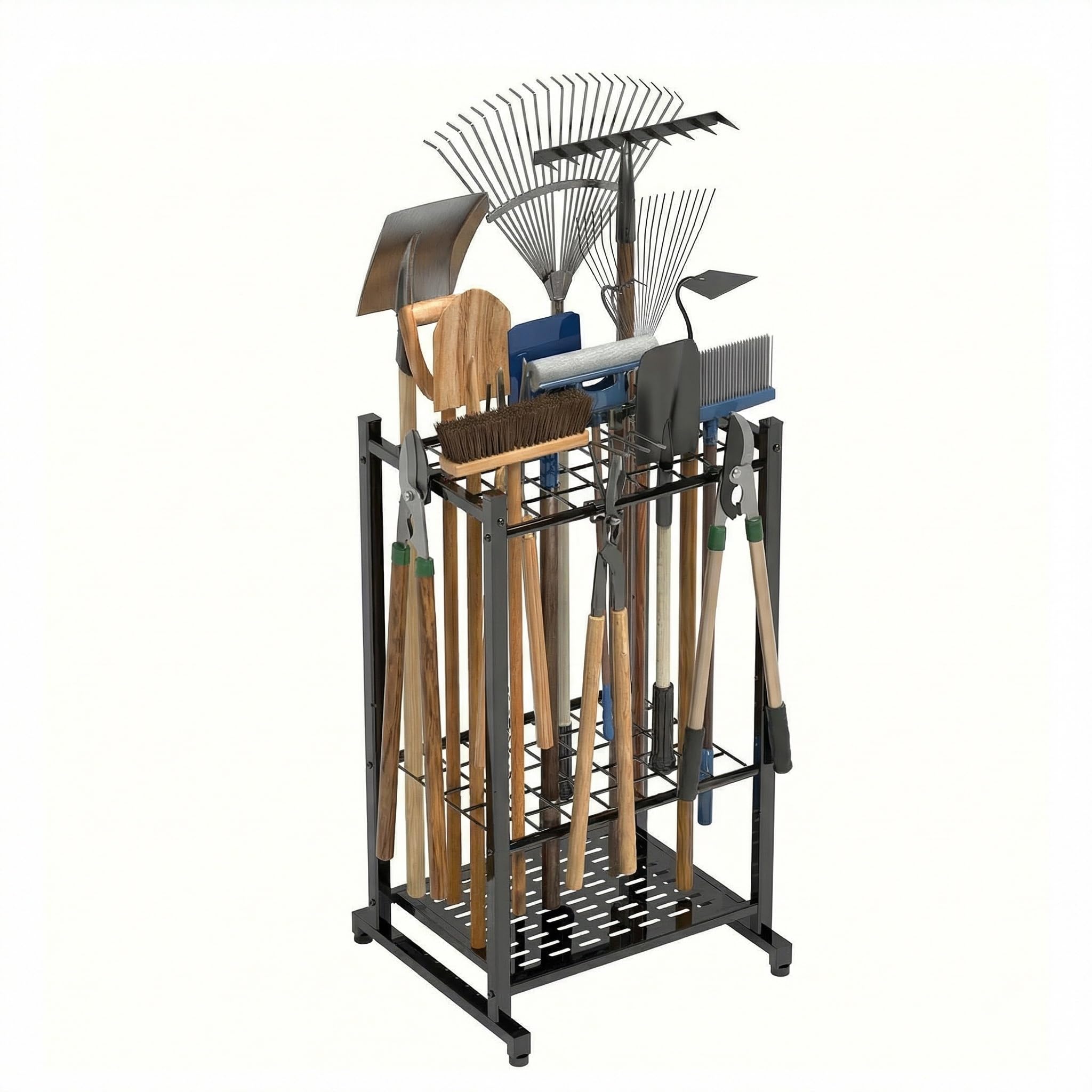 SOONHUA Supporto per attrezzi da giardino, torre degli attrezzi per il cortile per l'organizzazione e lo stoccaggio, per un massimo di 35 strumenti/rastrelli/scopa, robusto supporto per attrezzi da