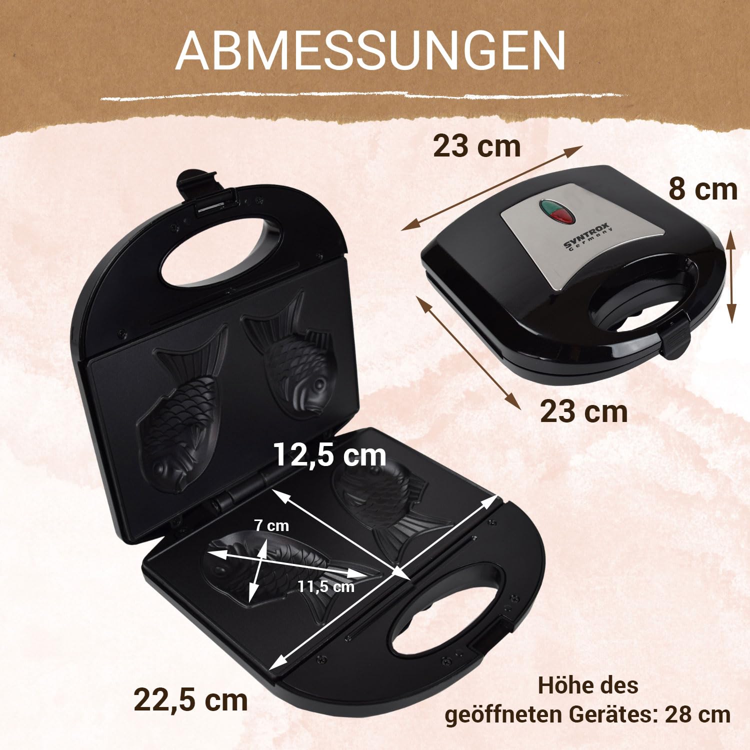 Syntrox Taiyaki Maker | Grill | Fisch Waffeleisen Fischform | Japanisches Gebäck, 750W, japanische Süßspeisen, Überhitzungsschutz, Küchenhelfer, rutschfeste Backplatte, Edelstahl