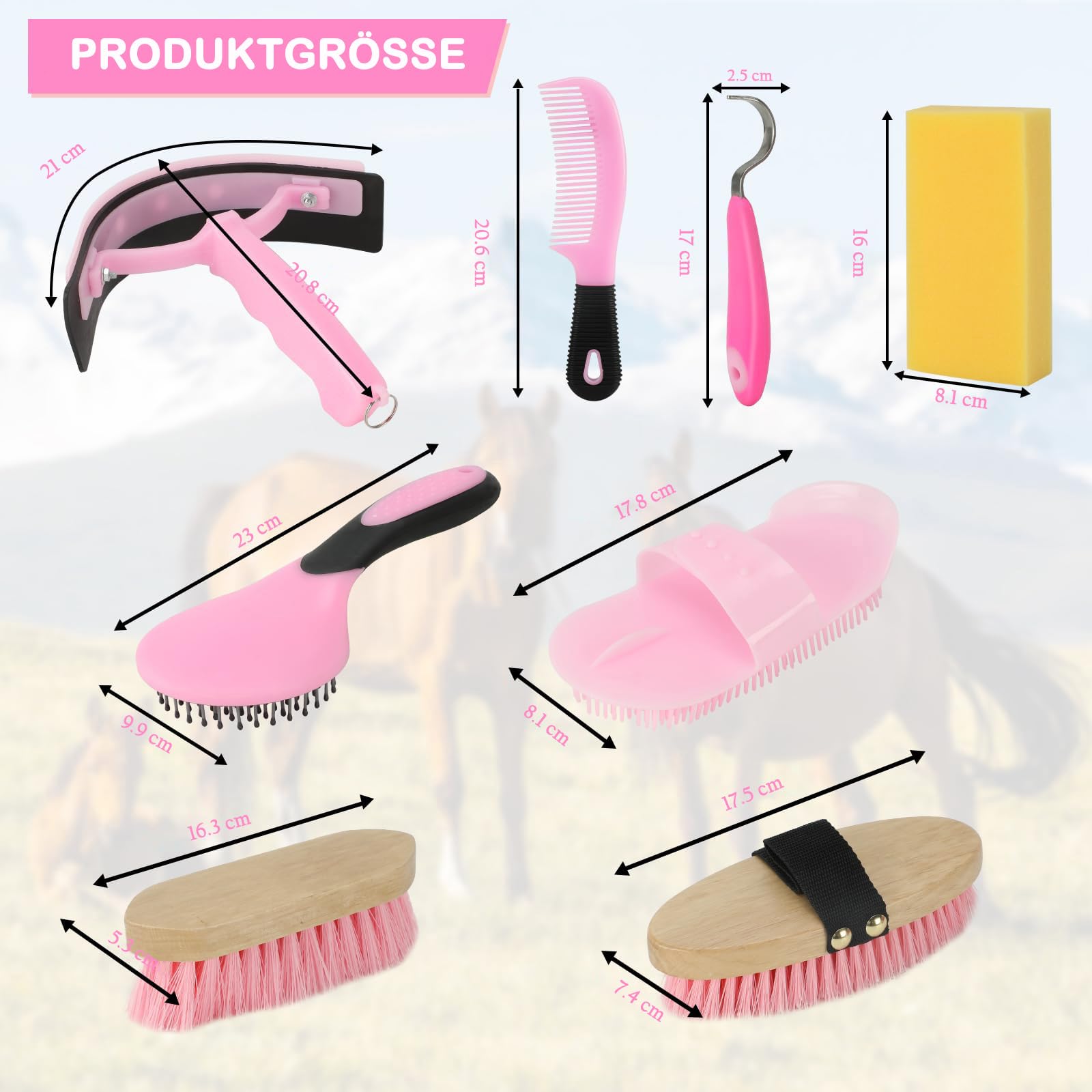 Kit de toilettage pour chevaux 9 pièces avec sac de transport, kit de nettoyage pour chevaux avec brosses souples et dures en bois, grattoir à sabot, crinière, grattoir à soudure, etc