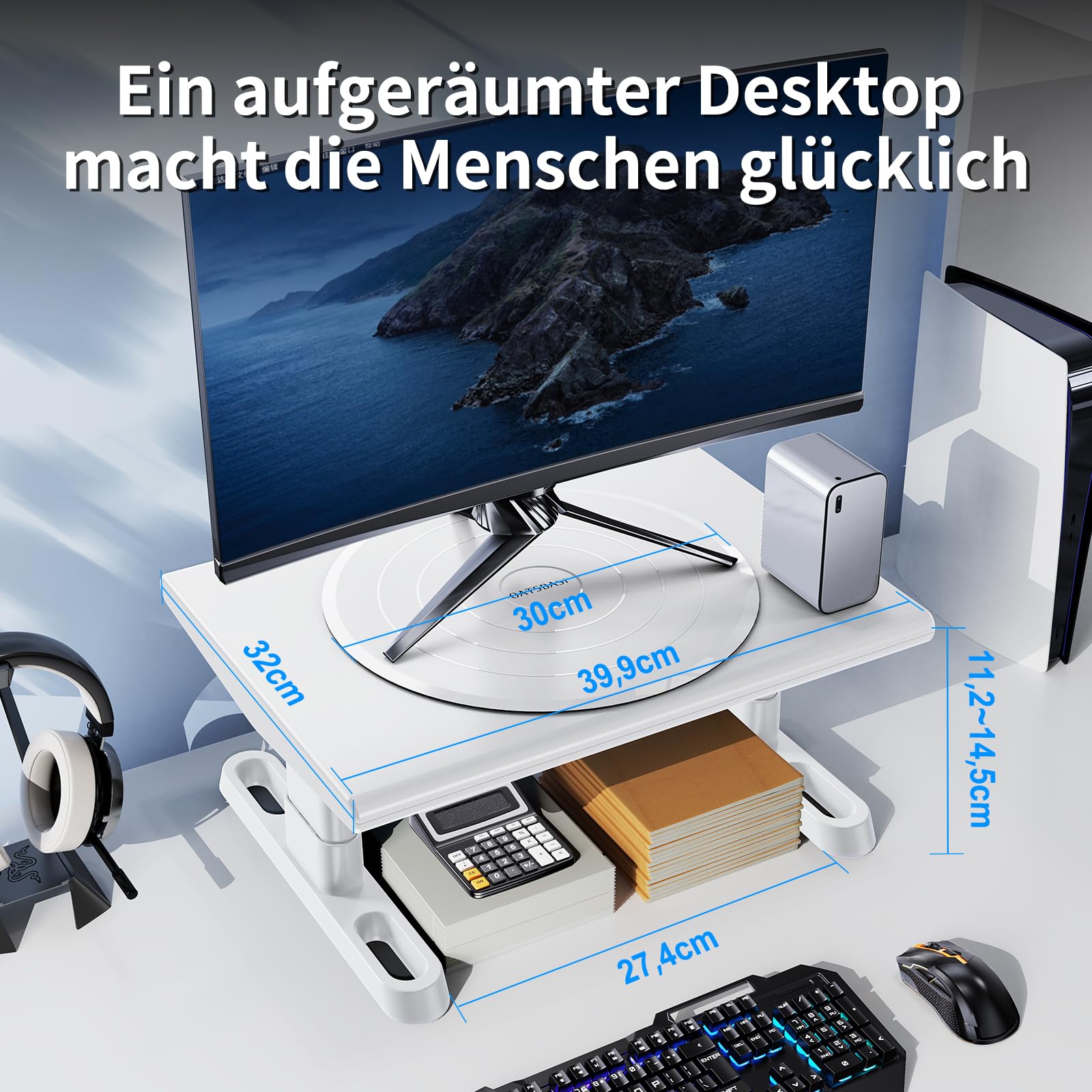 Monitorständer,360° Drehbar HöHenverstellbar Monitor Erhöhung Schreibtisch Erhöhung Monitor Stand Riser,Ergonomisch Desktop Bildschirmerhöhung Ständer für Computer,Laptops,PC,TV (Weiß)