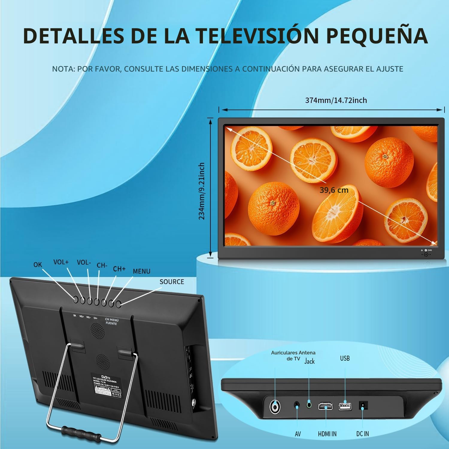 KCR TV digital portátil, TV DVB-T2 de 12 V, entradas HDMI/AV/USB, control remoto, compatible con cargador de coche de 12 V, 15.6 pulgadas, color negro