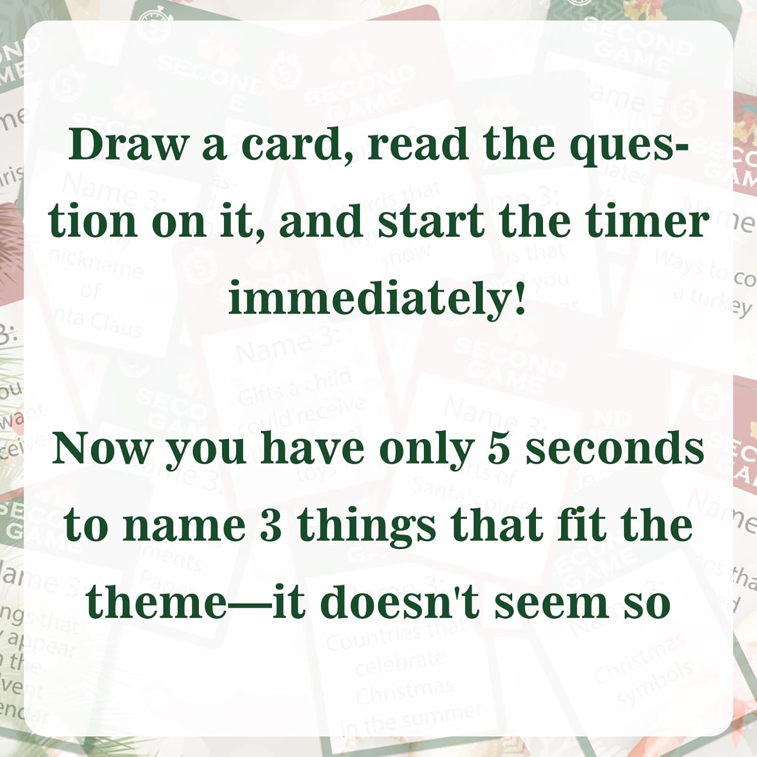 Christmas 5 Second Game with 110 Question Cards and 5 Second Hourglass,Funny Christmas Party Games,Simple Questions Card Game for Adults,Travel-Friendly for Game Nights & Sleepovers