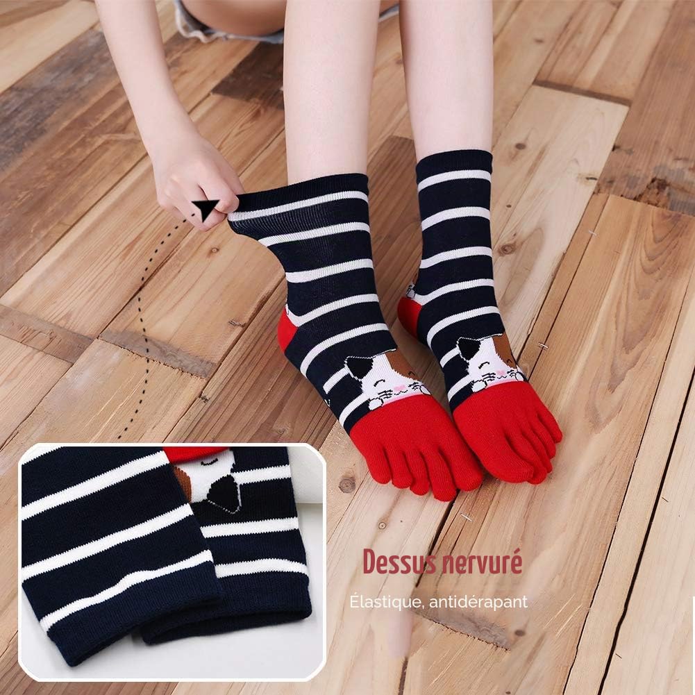 Chaussettes 5 Doigts Femme Coton Chaussettes Orteils Séparés Running Chaussette Doigt de Pied Sport Femme Fantaisie Drole Motif à Animaux Chat Chien Taille 36-41