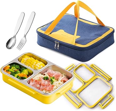 Stainless Steel Bento Lunch Box Set with Spoon, Fork & Insulated Lunch Bag, 25oz Leakproof Bento Box for Adults & Kids, Ideal for School, Home, Office, Picnic & Healthy meal prep containers yellow