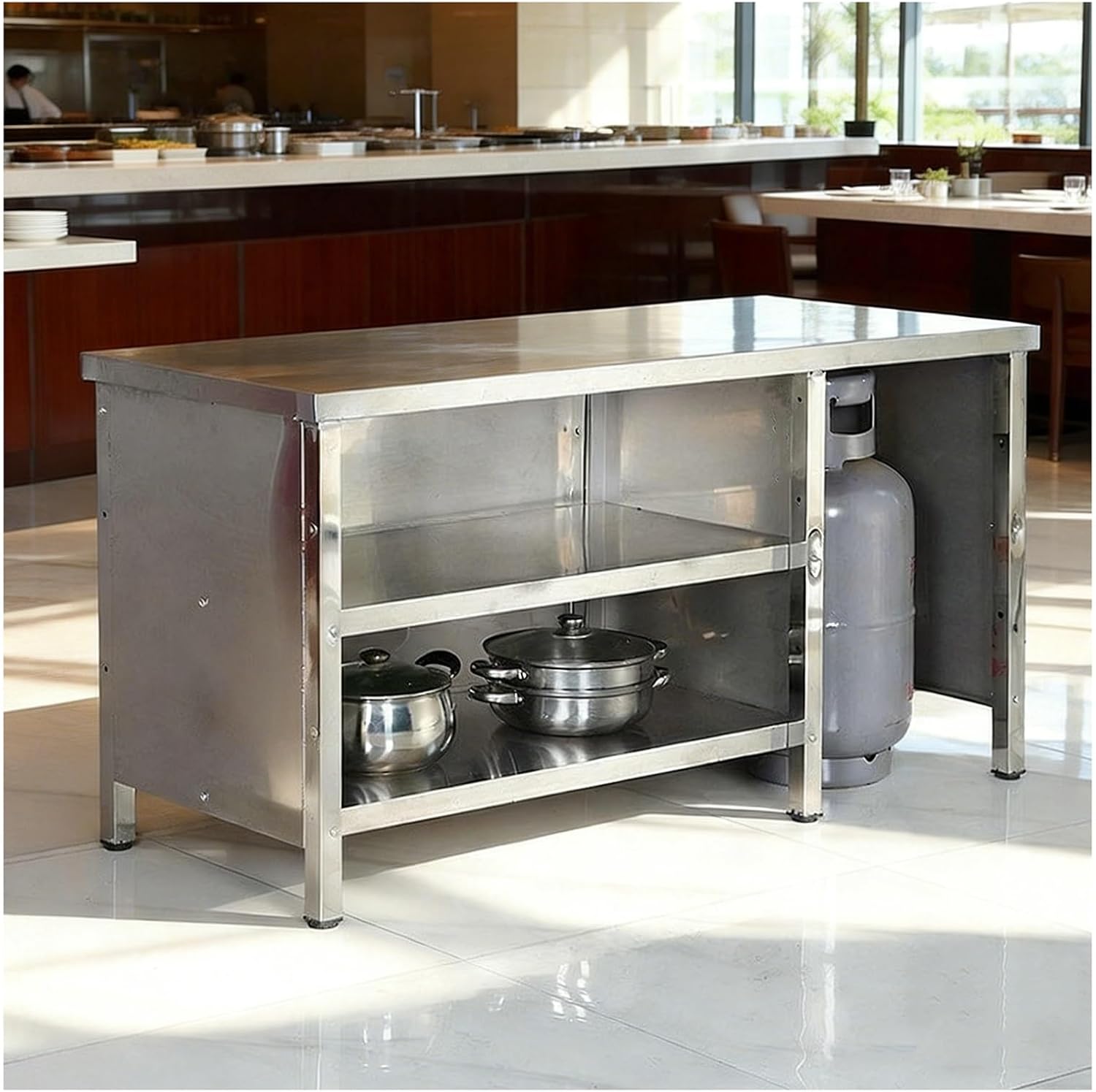 Three-Tier Stainless Steel Workbench with Storage Compartments Worktable Adjustable Non-Slip Feet Kitchen Chopping Table & Cutting Board Fully Enclosed Metal Prep Table(100x50x80cm)