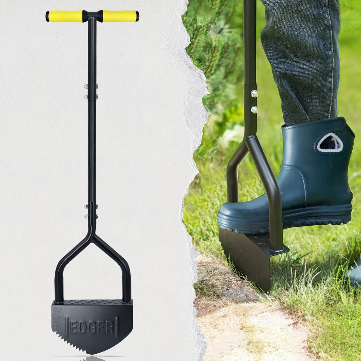 Colwelt Strumento manuale per bordi del prato, 102 cm, a mezza luna con lama seghettata a forma di V, in acciaio massiccio con morbida impugnatura a T, per marciapiedi, cortile, paesaggio, bordi del