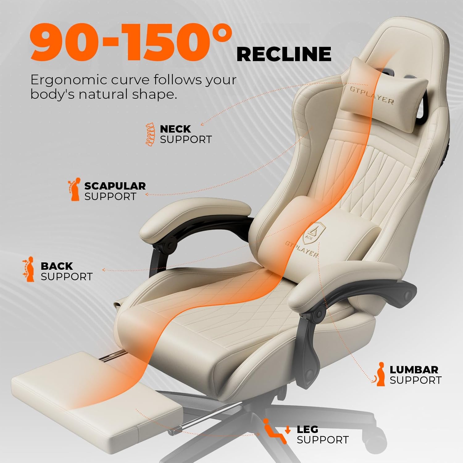 GTPLAYER Gaming Chair for Adults, Ergonomic Video Game Chairs, Footrest & Linkage Armrest, Reclining High Back Silla Gamer with Speakers for Home Office, Ace Pro, Cream