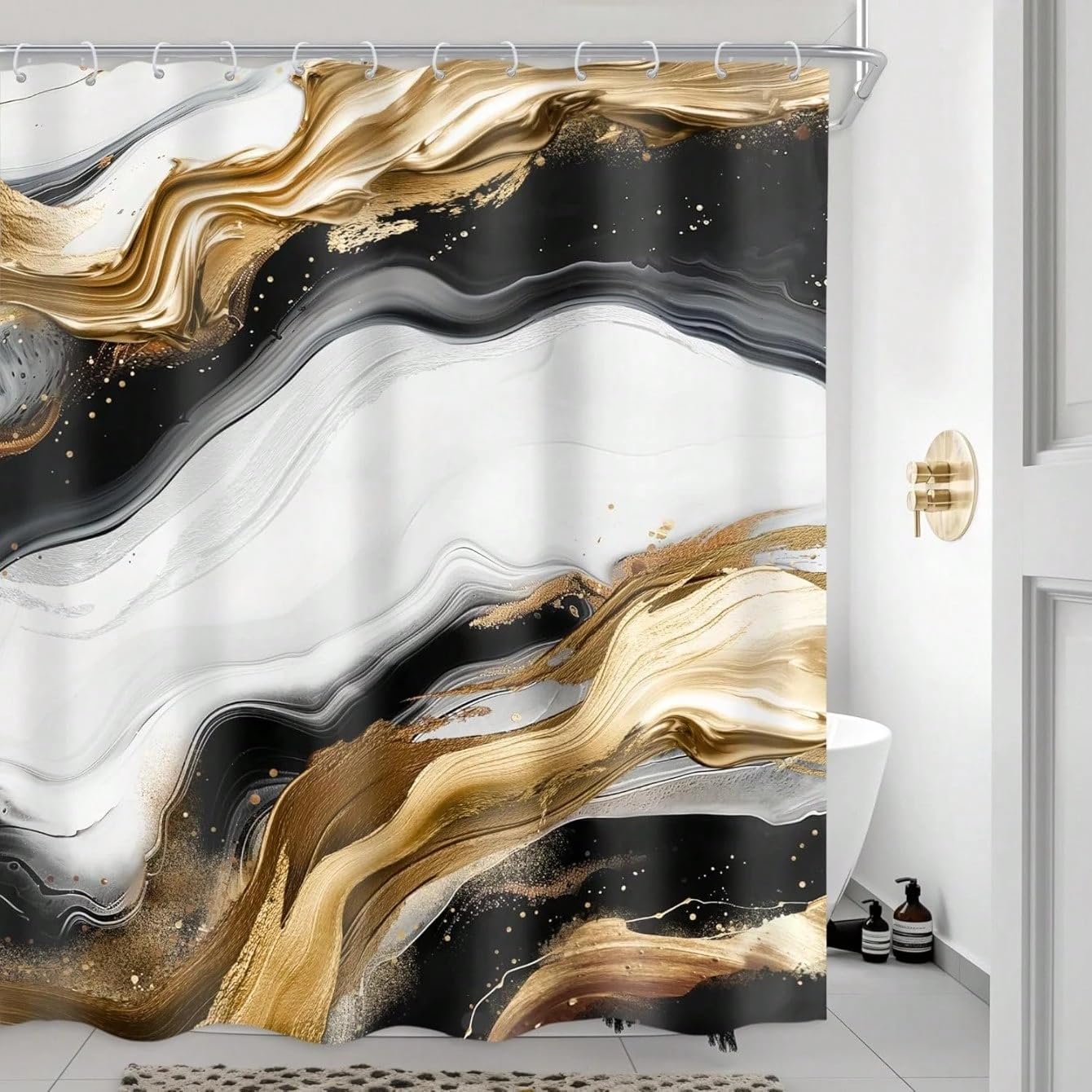 Cortina de ducha abstracta con efecto degradado de mármol, estética moderna, lujosa, con textura dorada y grietas, decoración neutra para baño con ganchos (240 x 199 cm / 94 x 87 pulgadas (WxH)