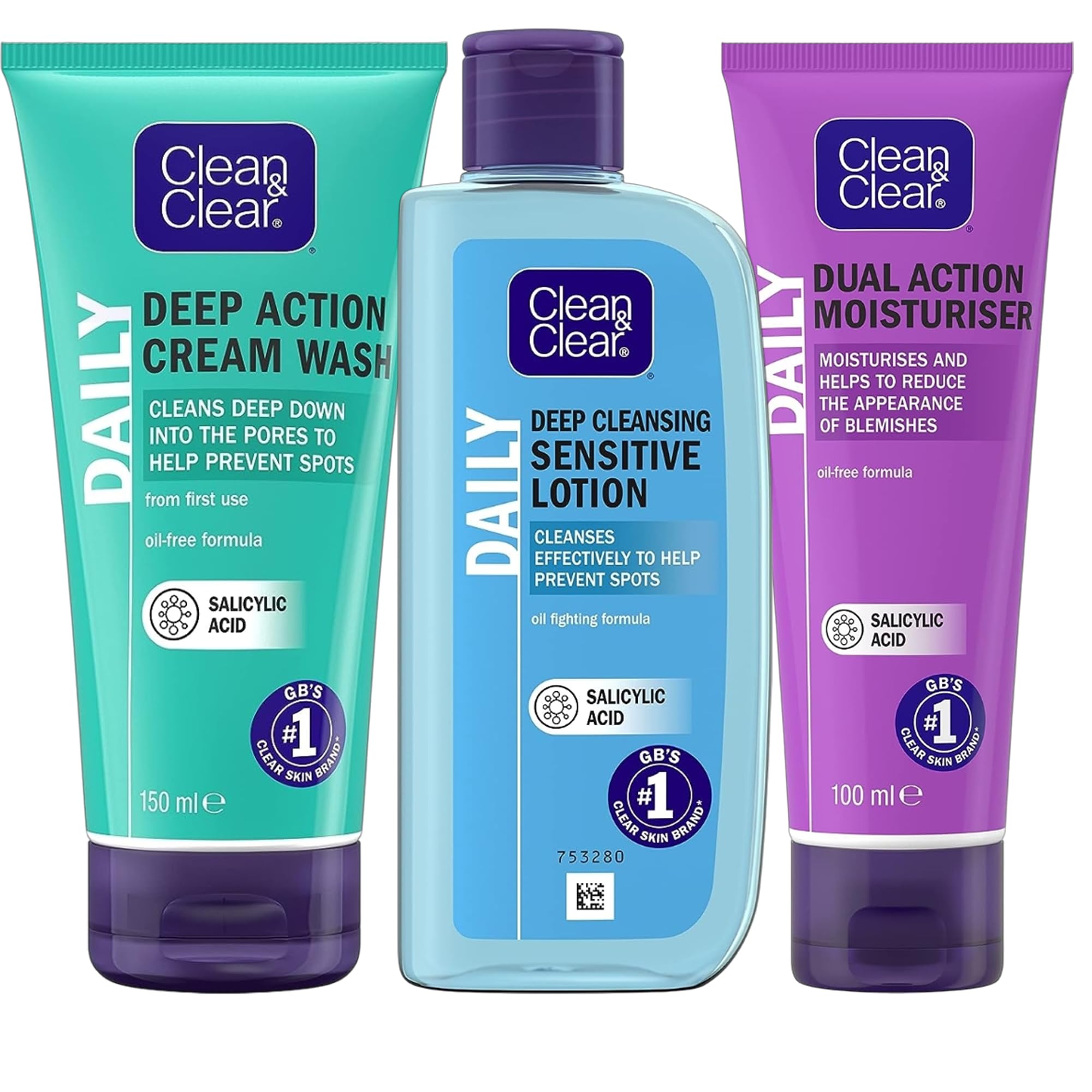 Clean & Clear Daily Skincare Bundle | Deep Action Cream Wash (150ml), Deep Cleansing Sensitive Lotion (200ml), & Dual Action Moisturiser (100ml) | Oil-Free with Salicylic Acid | Fights Spots & Blemish
