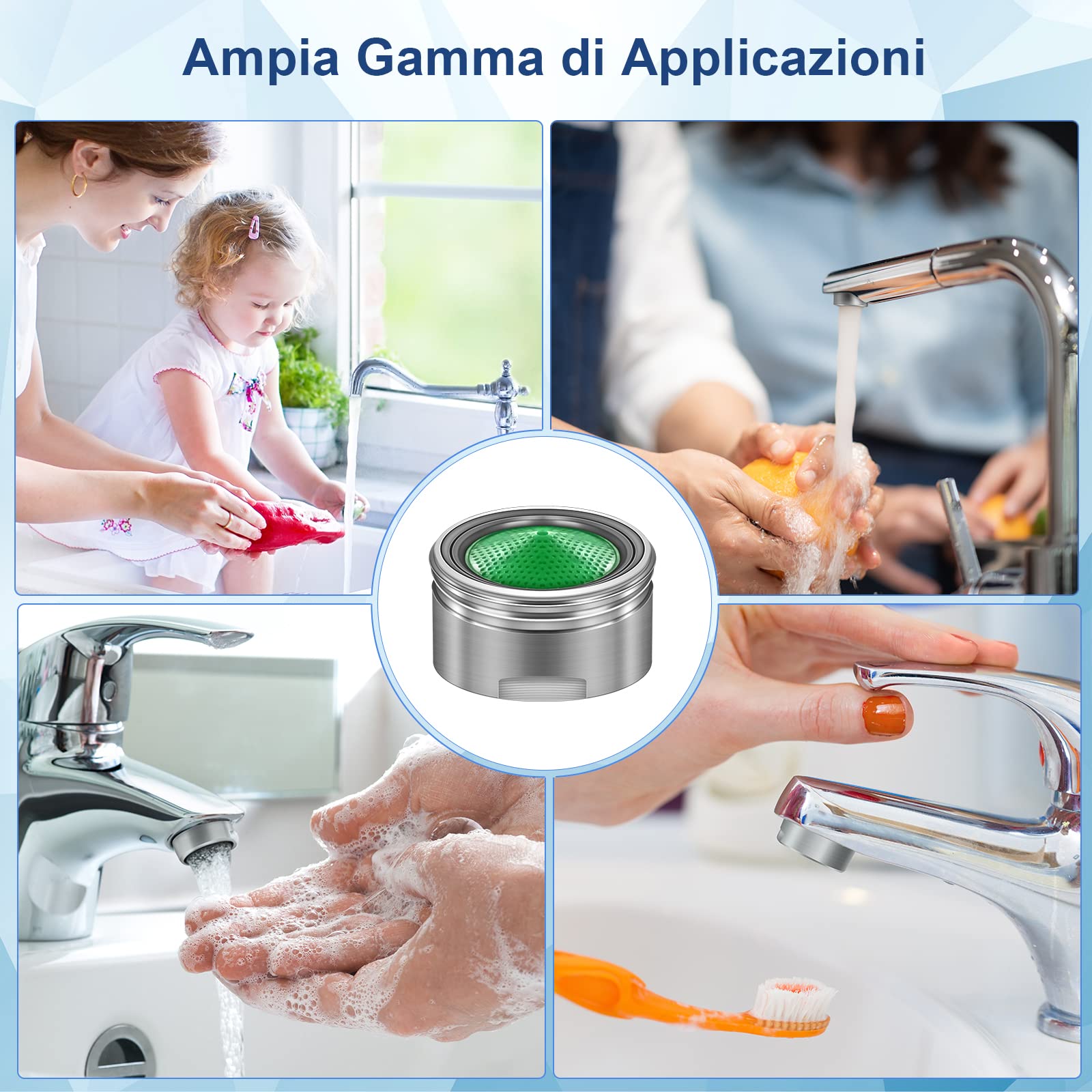 QEIHITYO Aeratore Rubinetto,6 Pcs Filtri Rubinetti Lavandino M24 di Alta Qualità in Ottone Placcato in Cromo,Risparmio Idrico Antispruzzo Filtro Rubinetto con 8 Guarnizioni e 1 Chiave Cromata