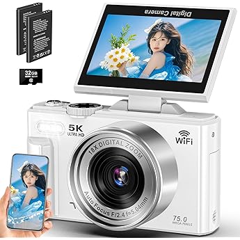 Digital Camera, 5K, 75 Megapixels, Digital Camera, 3.0 inch IPS Screen, 180 Degree Rotation, 18x Digital Zoom, AF Autofocus, 32 GB, Micro SD Card Included, Lithium Ion Battery, Lightweight, School