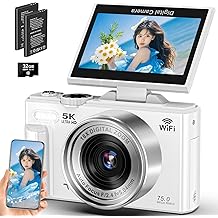 Digital Camera, 5K, 75 Megapixels, Digital Camera, 3.0 inch IPS Screen, 180 Degree Rotation, 18x Digital Zoom, AF Autofocus, 32 GB, Micro SD Card Included, Lithium Ion Battery, Lightweight, School