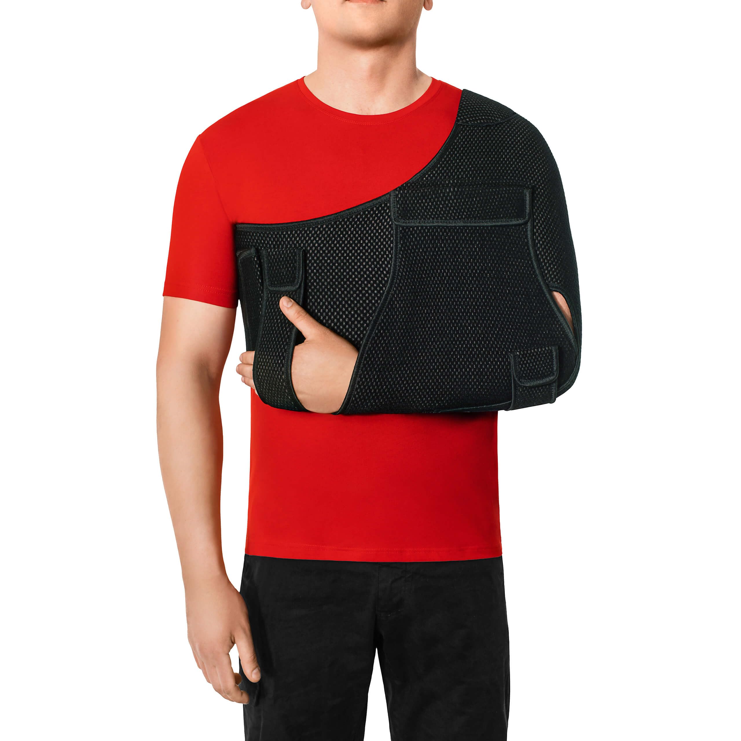 MEK Schulterbandage & Armschlinge (Gilchristverband) - Medizinprodukt aus der EU - Schulter Immobilisator zur Ruhigstellung bei Luxation, OP & Bruch - Links & Rechts, Damen/Herren, 4005 Schwarz (S)