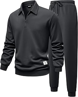 Men's Athletic 2-Piece Tracksuit Set: Quarter Zip Polo Top & Sweatpant Joggers