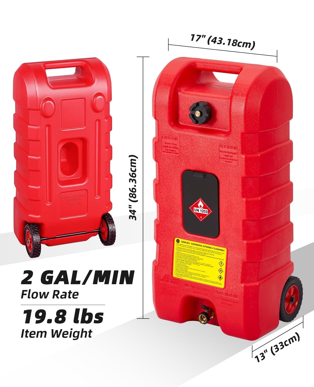 Chariot à carburant 15 gal (57 L) sur roues – Pompe manuelle de transfert, tuyau 3 m (10 ft), réservoir étanche essence/carburant pour auto/bateau/tondeuse/ATV – Rouille