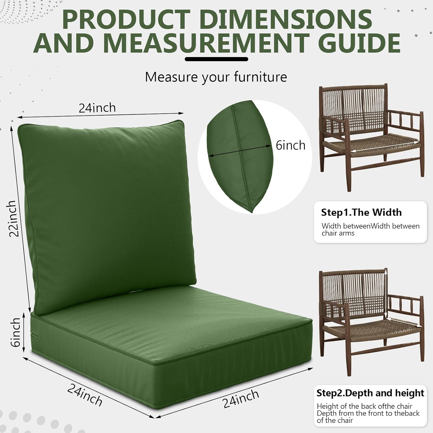 24" x 24" x 6" outdoor deep seat cushions set - 2 set waterproof & fade resistant patio furniture replacement cushions, non-slip outdoor cushions fit loveseats, couches, chairs, and sofas. dark green 24" x 24" x 6"-2 set