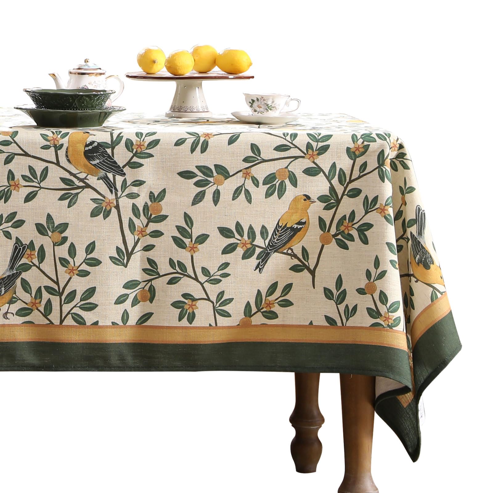 patdrea Designer French Table Cloth for Rectangle Table,Vintage Green Linen Birds and Leaves Pattern Tablecloths,Dacorative Cover Kitchen Dining,