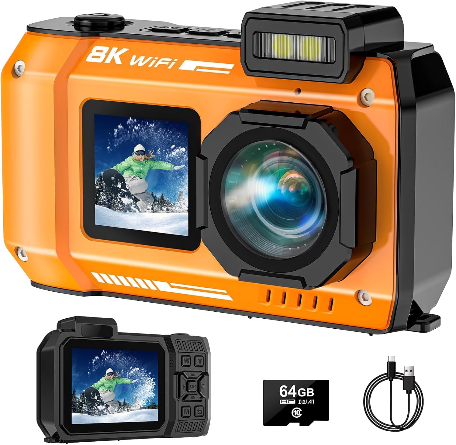 Digitalkamera, 8K Unterwasserkamera, 70MP Autofokus 33FT WiFi Digitalkamera wasserdichte mit 64GB Karte, Dual-Screen Selfie 2500mAh Batterie, 16X schwimmfähig Digital für Schnorcheln