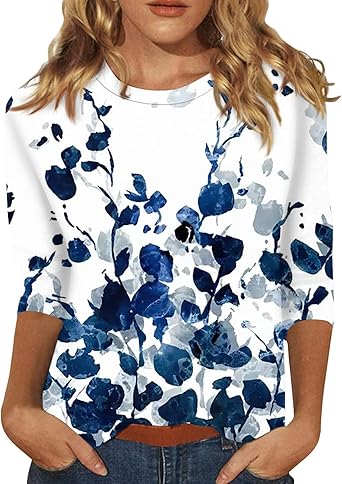HTHLVMD Womens 3/4 Length Sleeve Tops 2025 Fall Fashion Floral Print Crewneck Causal Trendy Tunic Tops for Women