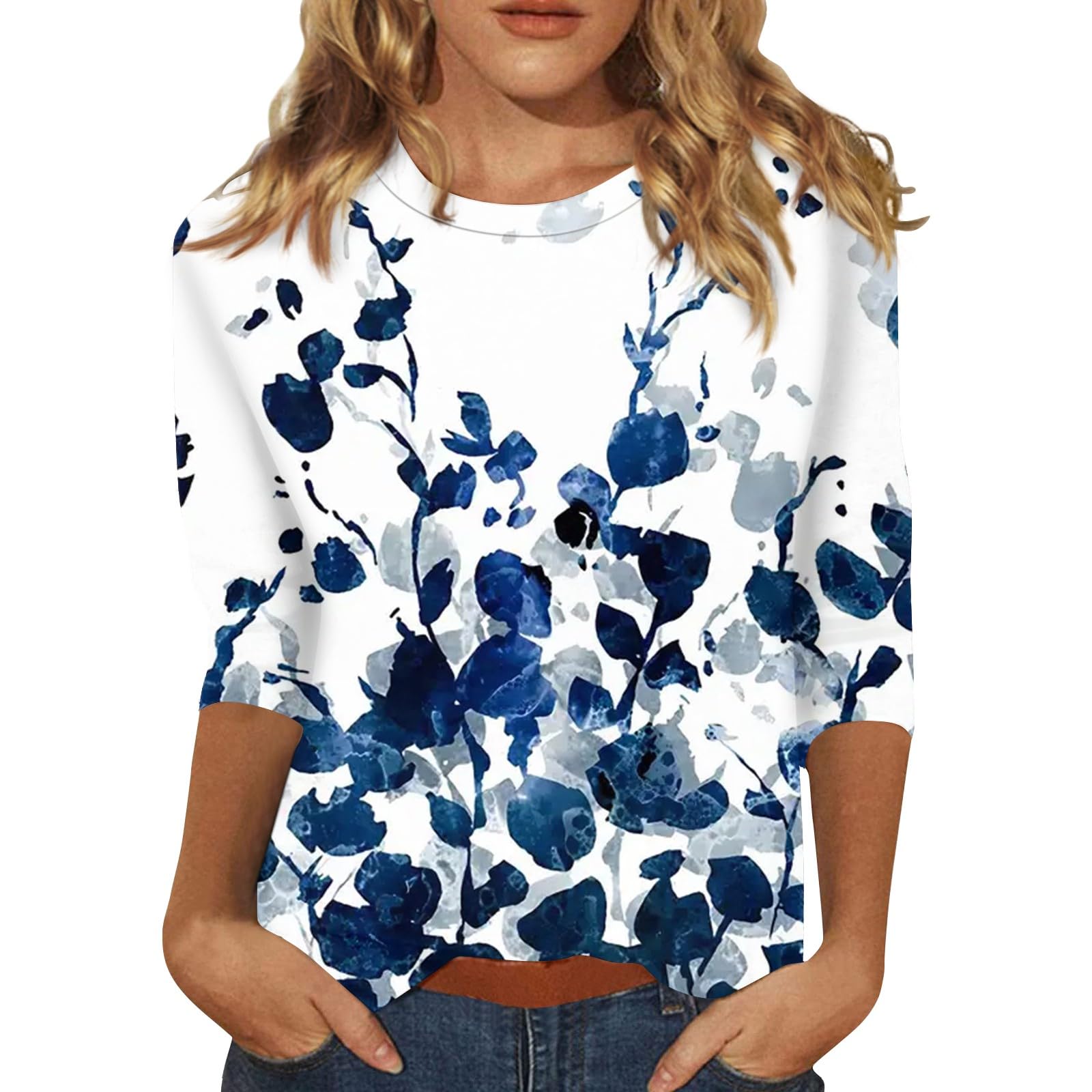 HTHLVMD 3/4 Length Sleeve Womens Tops 2026 Spring Summer Clothing for Women Floral Print Crewneck Causal Trendy Tunic Tops