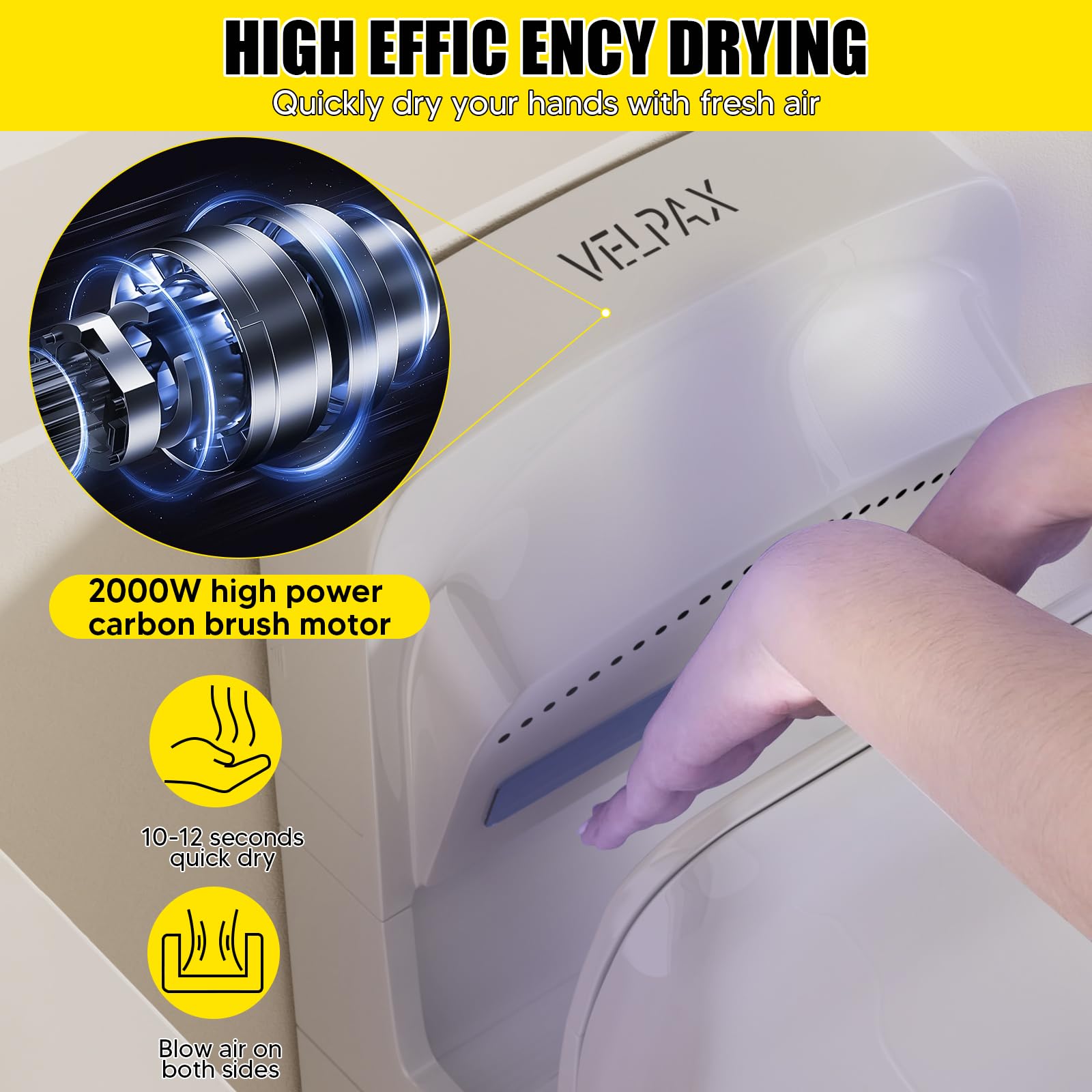 VELPAX 2000W sèche-Mains,sèche-Mains électrique Commercial,avec AEPH Filtre,10-12 Secondes pour sécher,Convient aux salles de Bains publiques, aux Cuisines et aux Bureaux