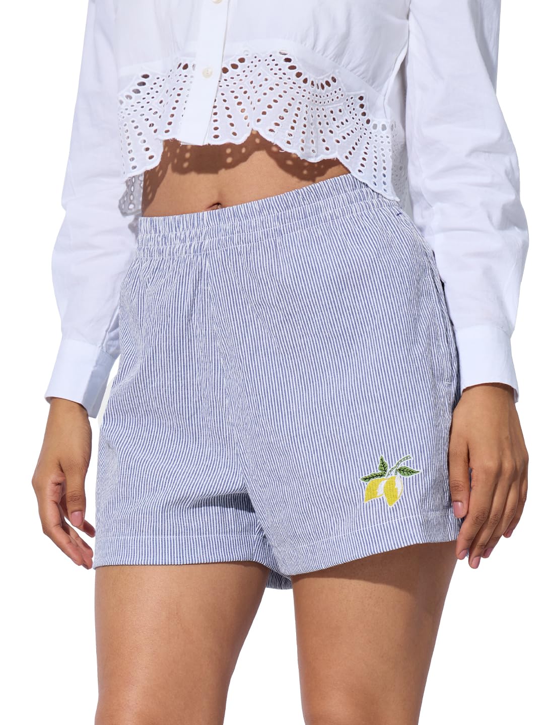 Limoncello Women and Girls Blue Embroidered Above The Knee Cotton Boxer Shorts