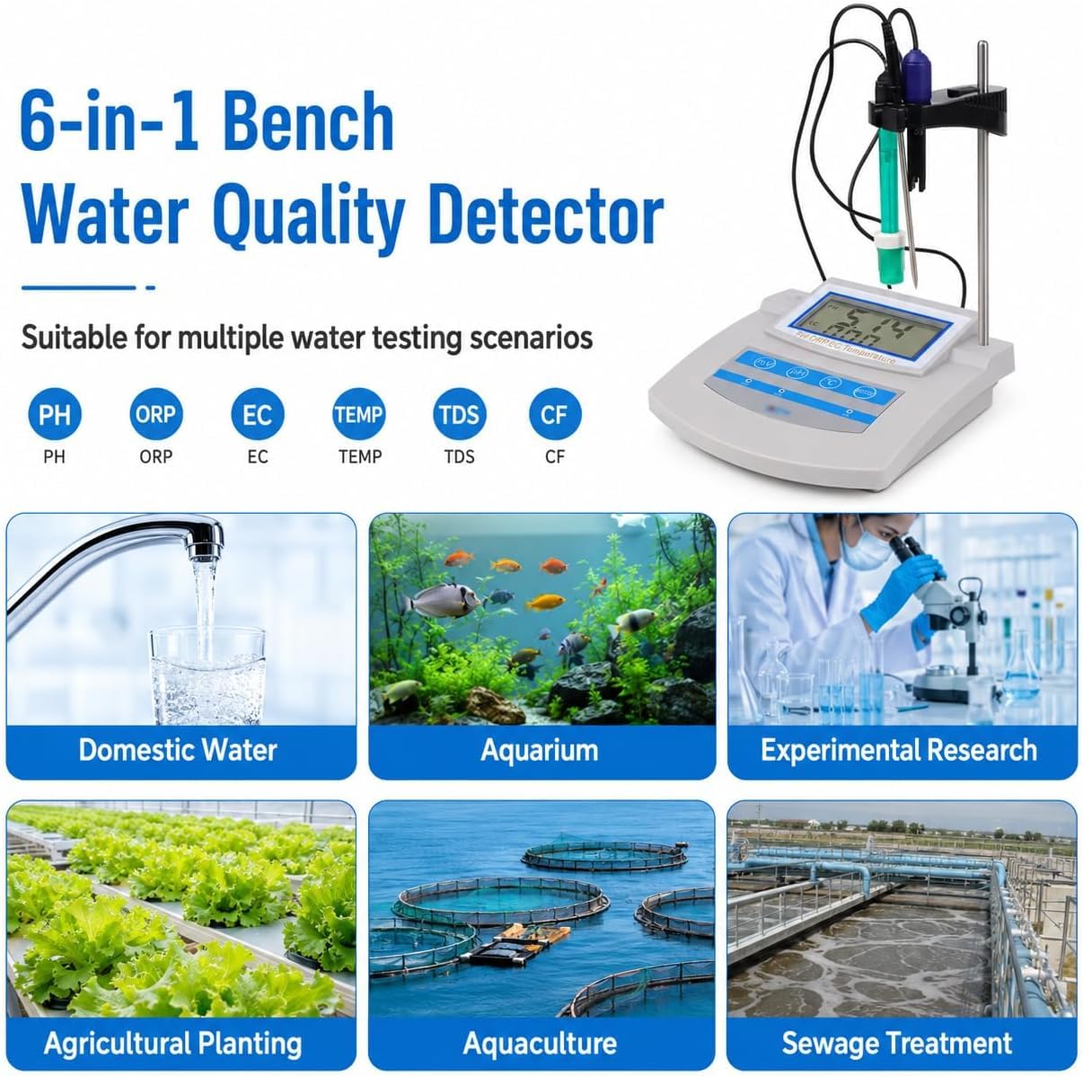 Kit de medidor de pH digital 6 en 1 con compensación de temperatura y almacenamiento de datos, medidor de pH de laboratorio para acuario, laboratorio, granja, pesca