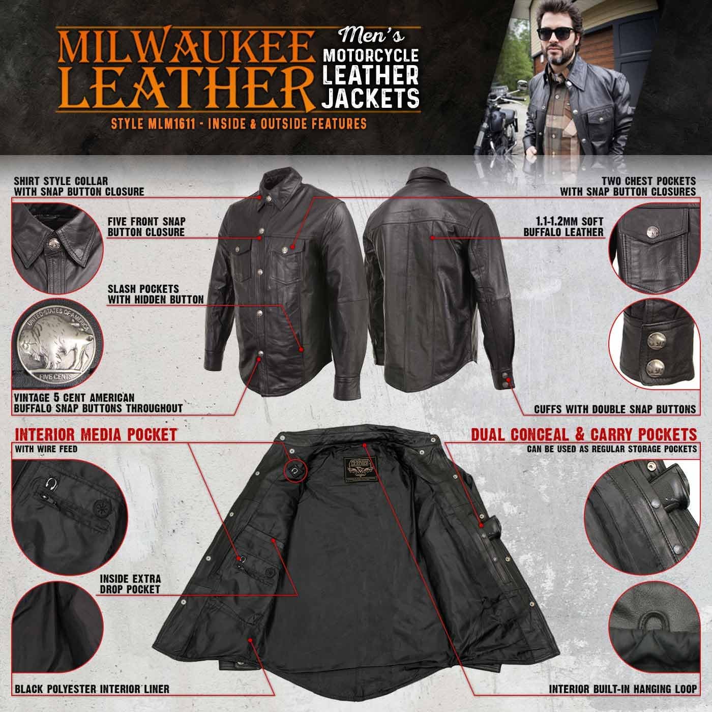 Milwaukee Leather MLM1611 Men's Premium Black Leather Casual Biker Rider Shirt w/Vintage 5 Cent Buffalo Buttons