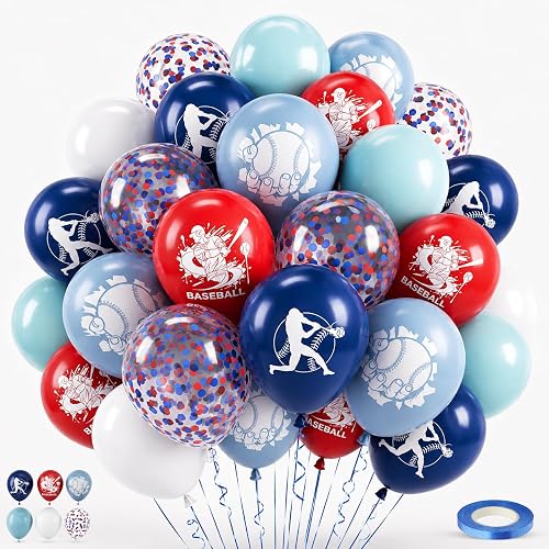 Baseball Balloons for Party Decorations, 12 In Navy Blue Red White Balloons