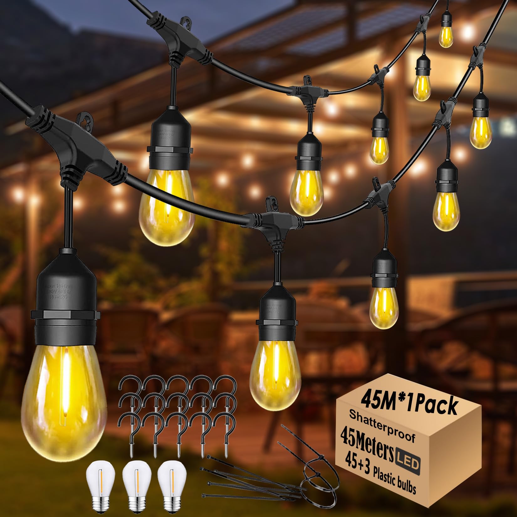 Skeerei Festoon Lights Outdoor 45M/150FT Garden String Festoon Lights IP65 Waterproof with 45+3 Shatterproof S14 2700K Bulbs for Outside pergola Fence Backyard, Linkable — image 1