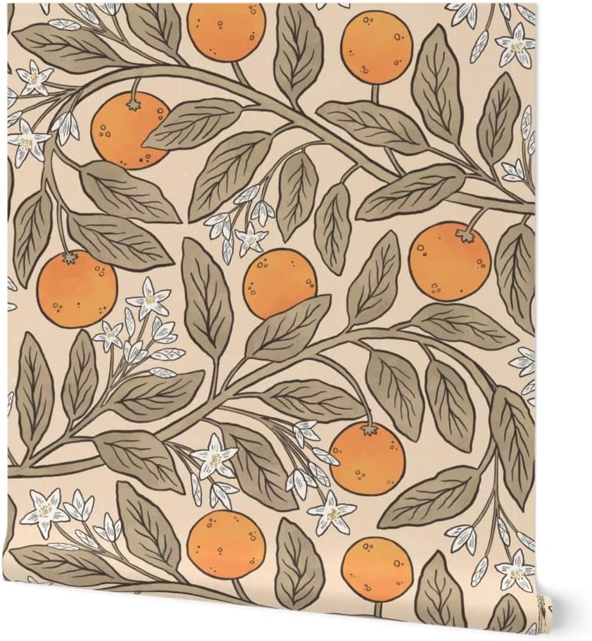 Spoonflower Peel & Stick Wallpaper 3ft x 2ft - Art Nouveau Oranges Neutral Summer Cream Citrus Custom Removable Wallpaper