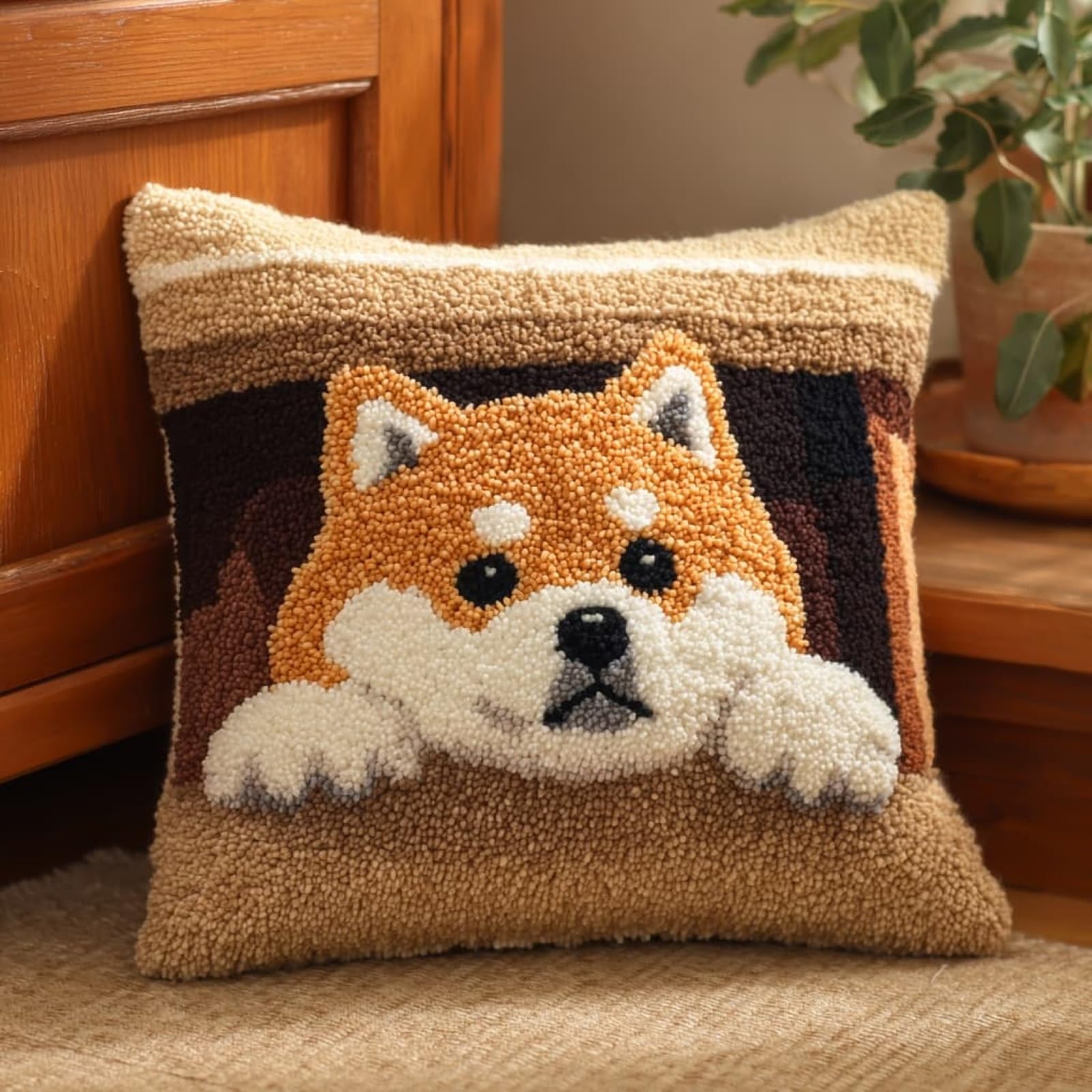 Henypt Latch Hook Pillow Craft Kit 43x43cm,Akita Inu Animal Dog 17x17 Inch,Complete Starter Kit with Tools and Yarn for Beginners & Craft Enthusiasts