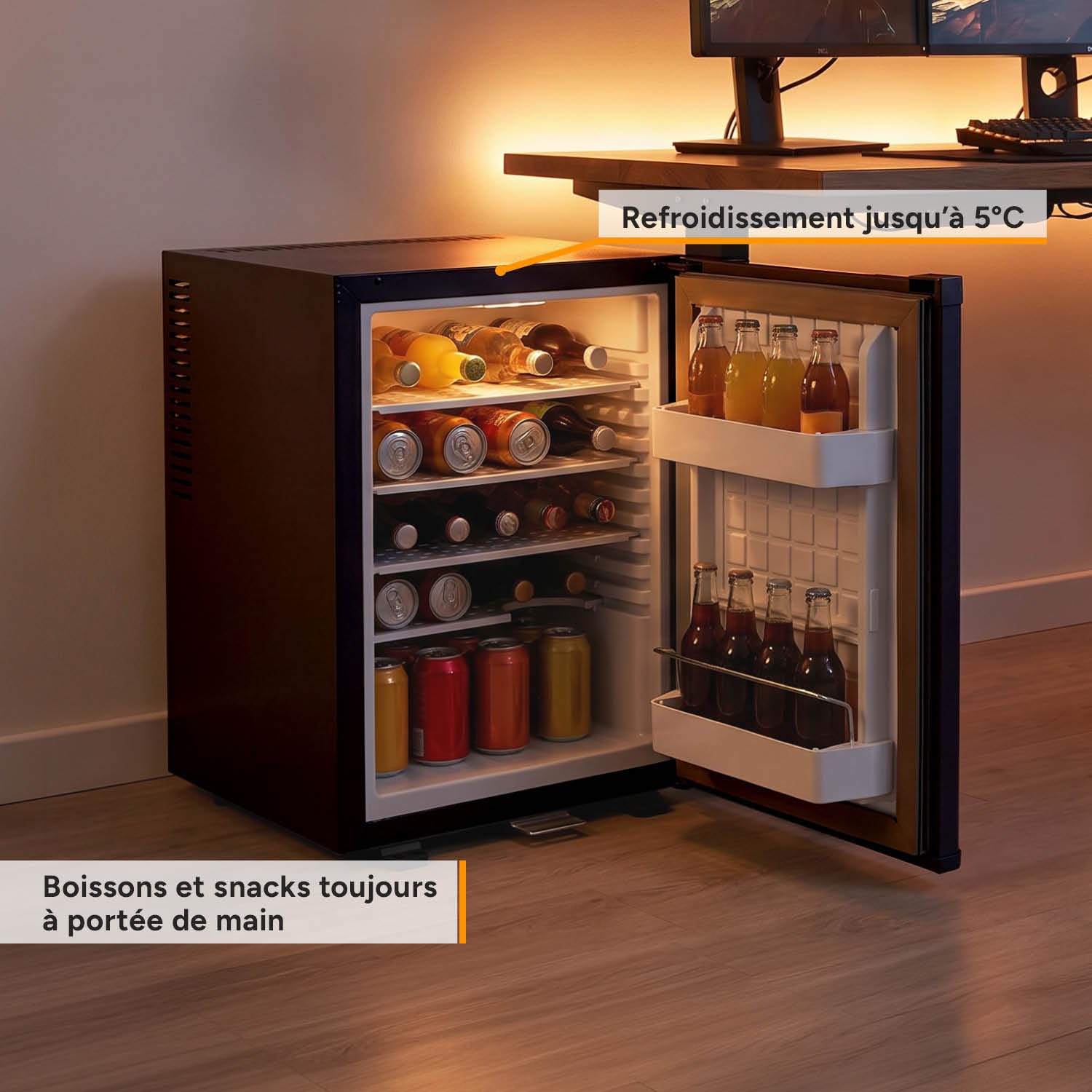 TZS First Austria Mini réfrigérateur 40L silencieux - Petit mini-frigo porte réversible lumière intérieure - Minibar camping bureau chambre hôtel Noir mat