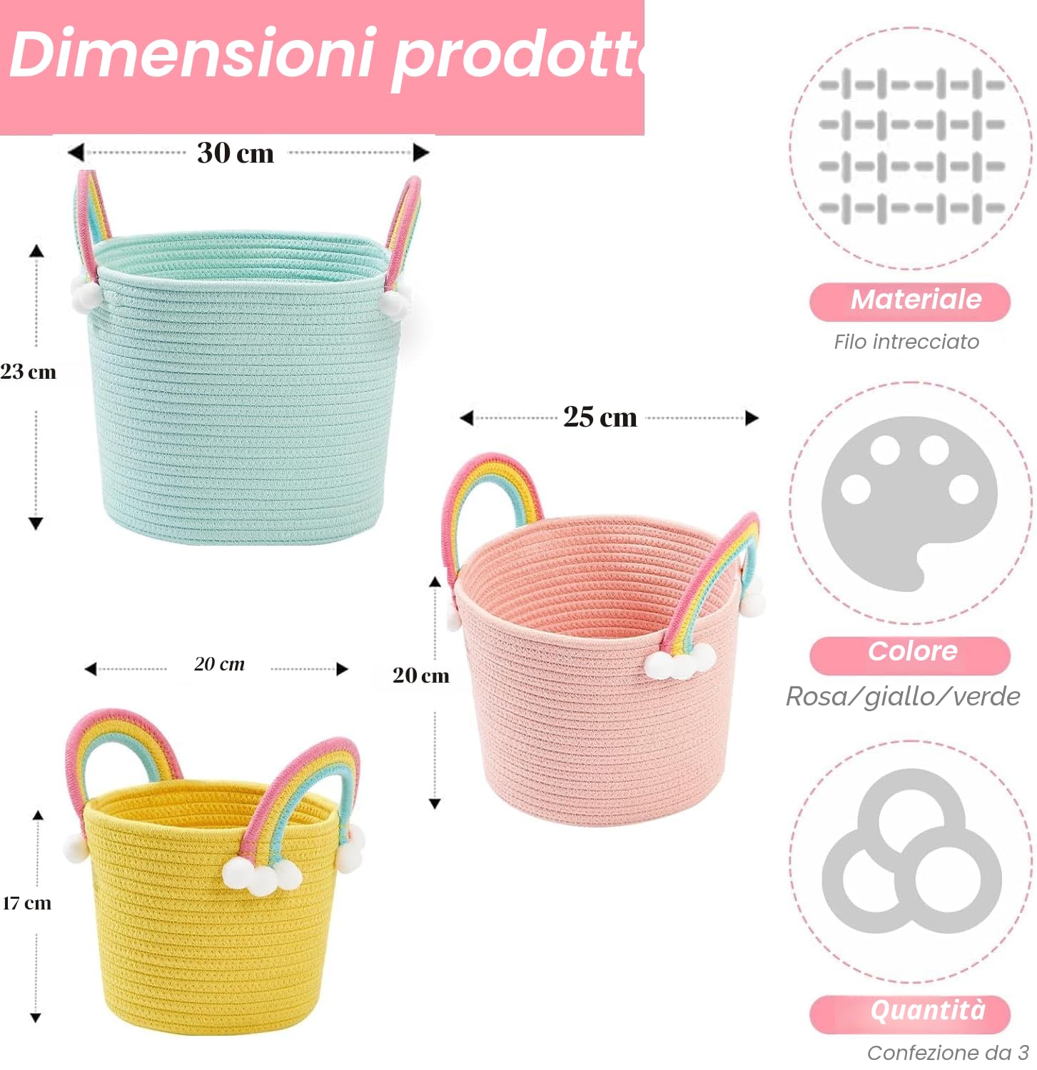 Cesto portaoggetti per bambini, per giocattoli, per vestiti, 3 pezzi, design floreale, tessuto morbido con manico, perfetto per organizzare l'asilo (cesto arcobaleno)