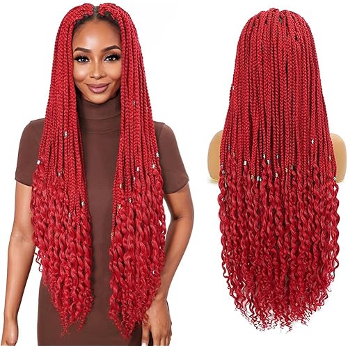 30 Inch Fashion Wigs Red Box Braids Crochet Hair Extensions With Wavy Curly Ends Beautiful Long Synthetic Wig Full Double Lace Braid Wig with Baby Hair